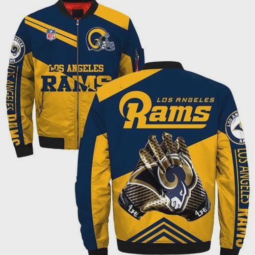 Los Angeles Rams Hands With Logo Pattern Bomber Jacket – Navy Yellow