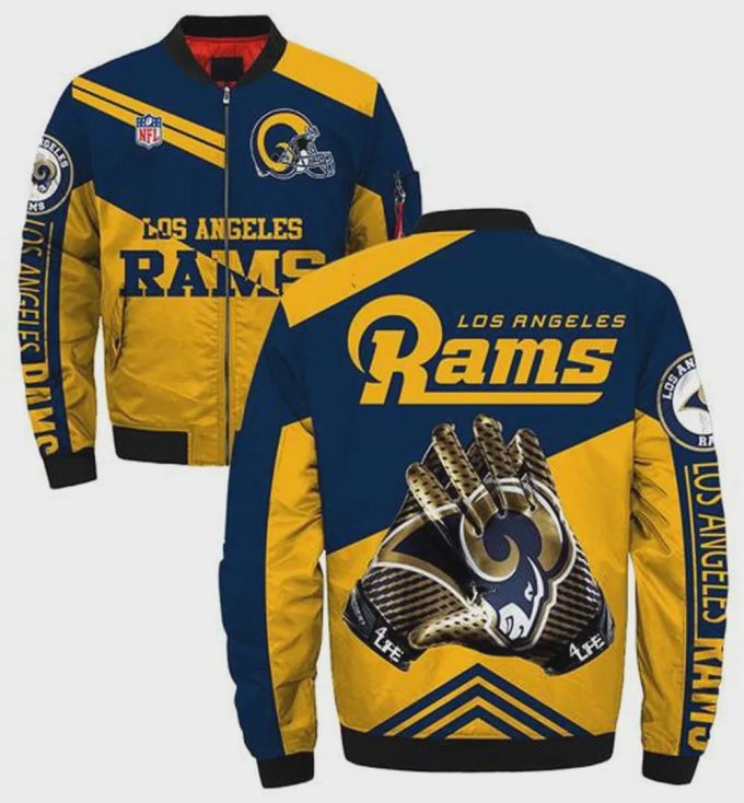 Los Angeles Rams Hands With Logo Pattern Bomber Jacket – Navy Yellow