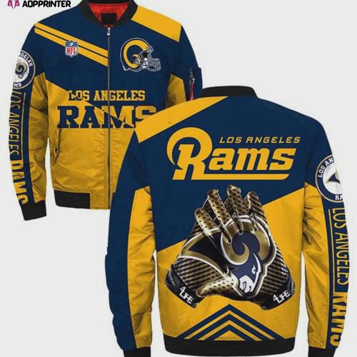 Los Angeles Rams Hands With Logo Pattern Bomber Jacket – Navy Yellow