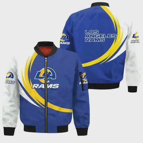 Los Angeles Rams Logo Curve Pattern Bomber Jacket – Blue White