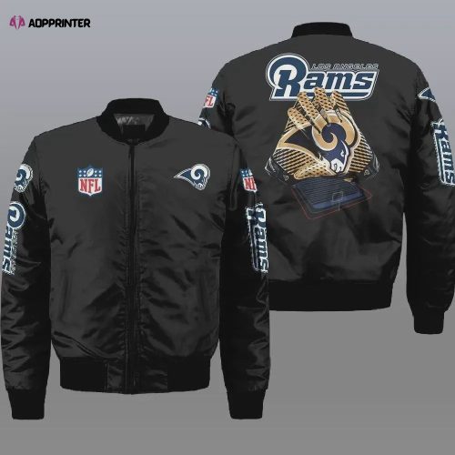 Los Angeles Rams Graphic Ball Pattern Bomber Jacket In Blue And White