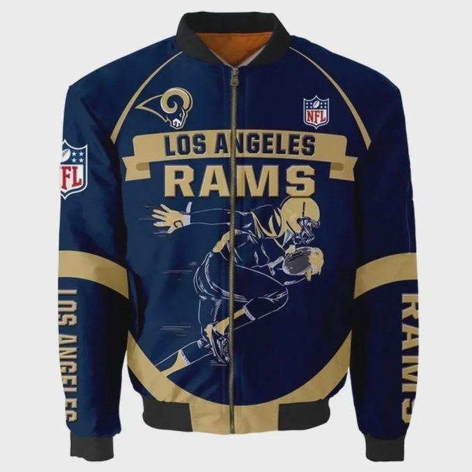 Los Angeles Rams Player Running Pattern Bomber Jacket – Navy Blue