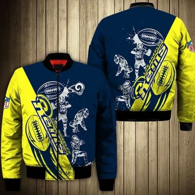 Los Angeles Rams Players Pattern Bomber Jacket – Navy And Yellow