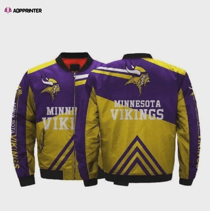 Men’s Minnesota Vikings Team Logo Pattern Bomber Jacket – Purple And Yellow