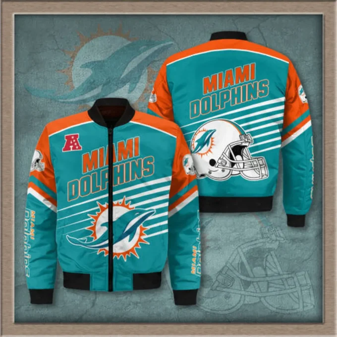 Miami Dolphins 3D Logo Pattern Bomber Jacket – Green And Orange