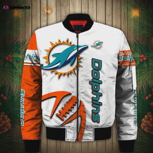 Miami Dolphins Graphic Ball Pattern Bomber Jacket – White Orange