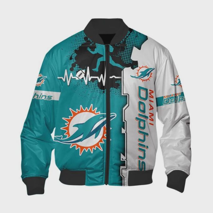 Miami Dolphins Heart ECG Line Pattern Bomber Jacket – Aqua White