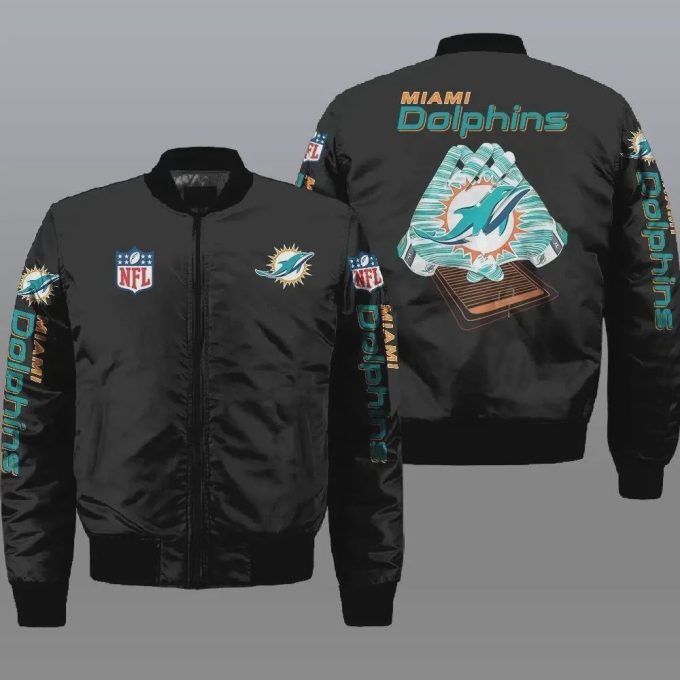 Miami Dolphins Logo Pattern Bomber Jacket – Black