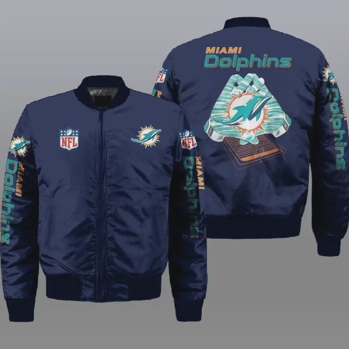 Miami Dolphins Logo Pattern Bomber Jacket – Navy Blue