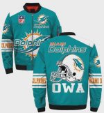 Miami Dolphins OWA Logo Helmet Pattern Bomber Jacket – Aqua