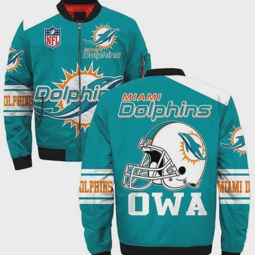 Miami Dolphins OWA Logo Helmet Pattern Bomber Jacket – Aqua