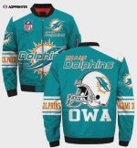 Miami Dolphins OWA Logo Helmet Pattern Bomber Jacket – Aqua