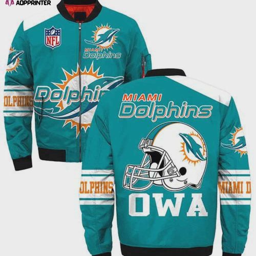 Miami Dolphins OWA Logo Helmet Pattern Bomber Jacket – Aqua