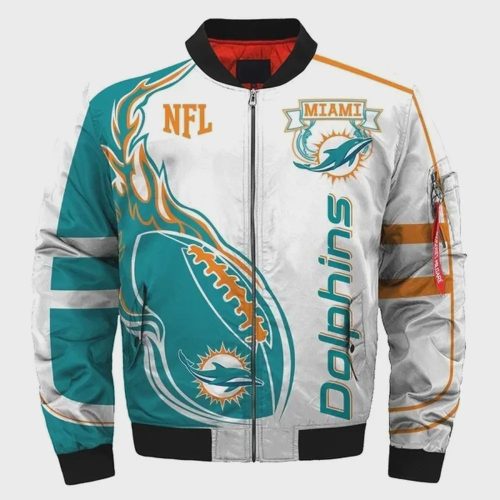 Miami Dolphins Pattern 3D Fullprint Bomber Jacket – White And Teal Color