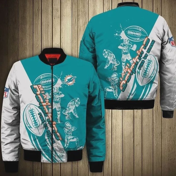 Miami Dolphins Players Pattern Bomber Jacket – White And Teal Color