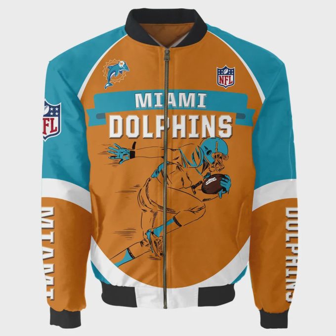 Miami Dolphins Players Running Pattern Bomber Jacket – Orange And Blue