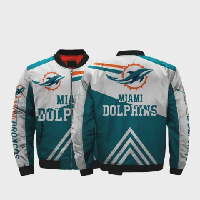 Miami Dolphins Team Logo Pattern Bomber Jacket – Blue And White