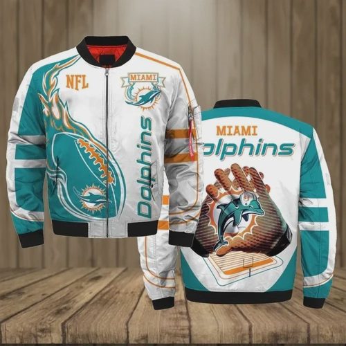 Miami Dolphins Team Logo Pattern Bomber Jacket – White And Teal