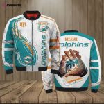 Miami Dolphins Team Logo Pattern Bomber Jacket – White And Teal