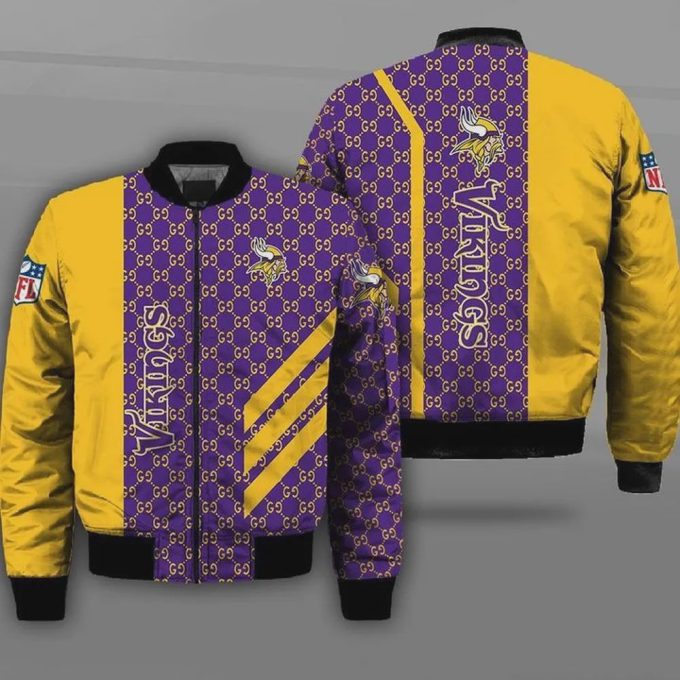 Minnesota Vikings GG Motif Casual Pattern Bomber Jacket- PurpleYellow