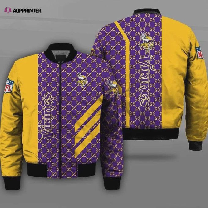 Minnesota Vikings GG Motif Casual Pattern Bomber Jacket- PurpleYellow