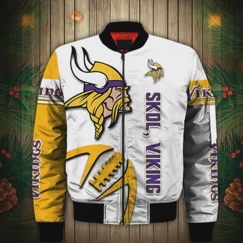 Minnesota Vikings Logo Graphic Ball Pattern Bomber Jacket – White And Yellow