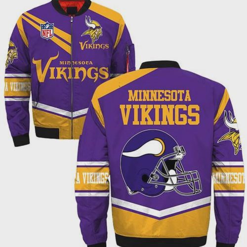 Minnesota Vikings Logo Helmet Pattern Bomber Jacket – Purple Yellow