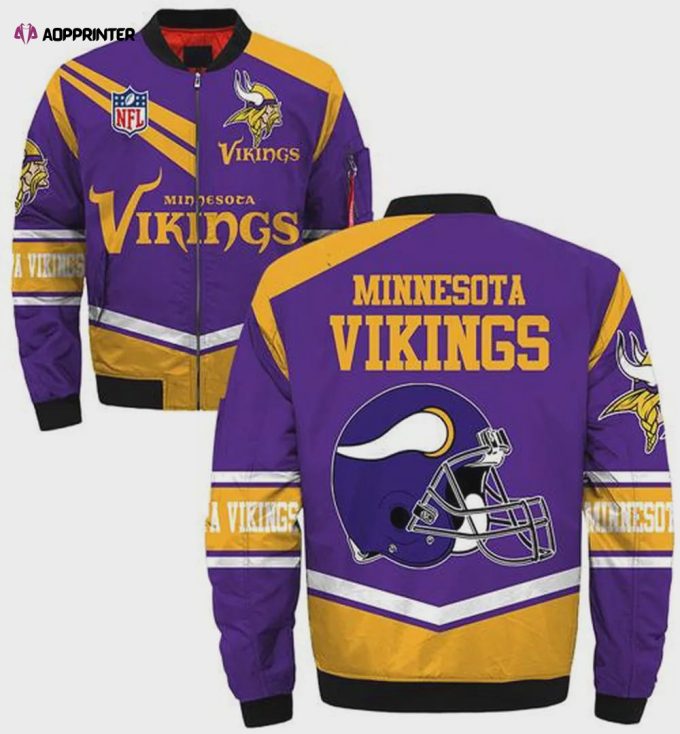 Minnesota Vikings Logo Helmet Pattern Bomber Jacket – Purple Yellow