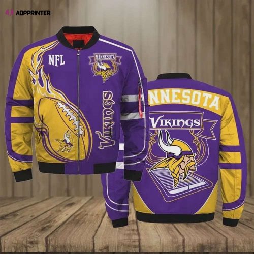 Minnesota Vikings Logo Graphic Ball Pattern Bomber Jacket – White And Yellow