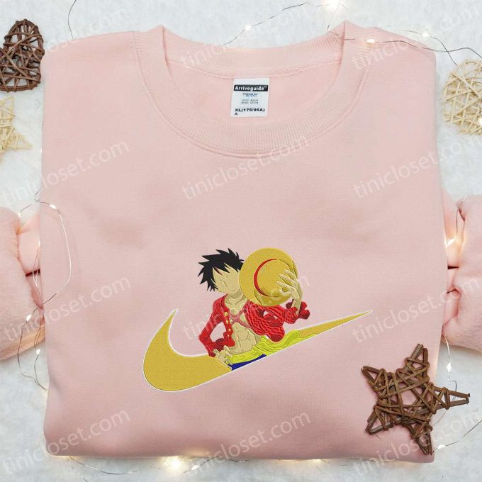 Monkey D Luffy x Swoosh Anime Embroidered Sweatshirt: Nike Inspired Hoodie Perfect Birthday Gift