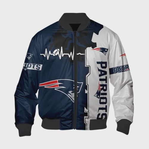 New England Patriots Heart ECG Line Pattern Bomber Jacket – Blue White