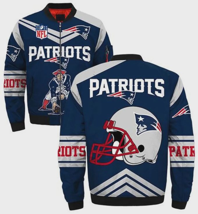 New England Patriots Helmet And Player Pattern Bomber Jacket In Navy Blue