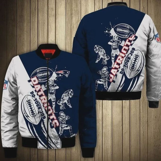 New England Patriots Players Pattern Bomber Jacket – White And Navy