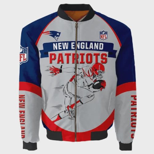 New England Patriots Team Logo Pattern Bomber Jacket – Gray And Blue Red