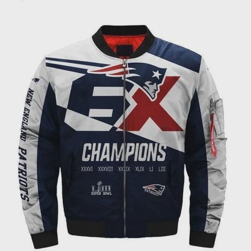 New England Patriots Team Logo Pattern Bomber Jacket – Navy Blue And White