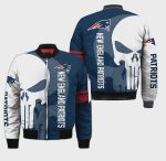 New England Patriots Text And Skull Pattern Bomber Jacket – Blue White