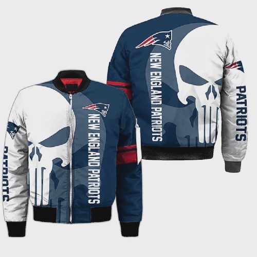 New England Patriots Text And Skull Pattern Bomber Jacket – Blue White