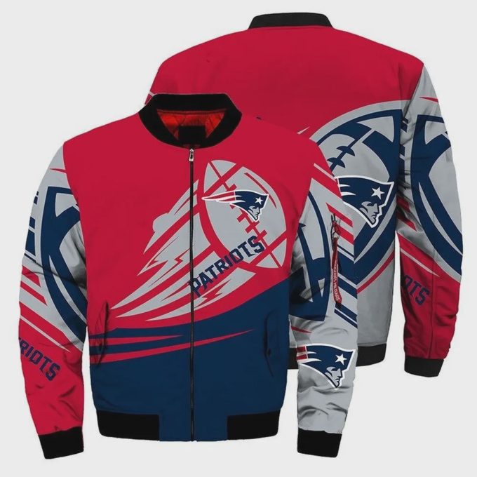 New England Patriots Ultra- Ball Pattern Bomber Jacket – Blue Red Grey