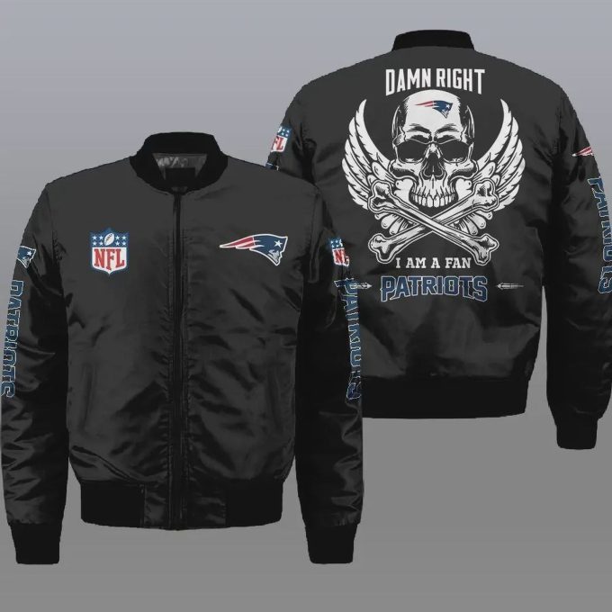 New England Patriots Wings Skull Pattern Bomber Jacket – Black