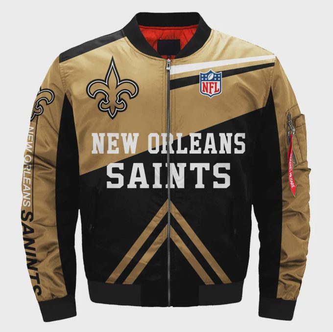 New Orleans Saints Team Logo Pattern Bomber Jacket – Black And Yellow