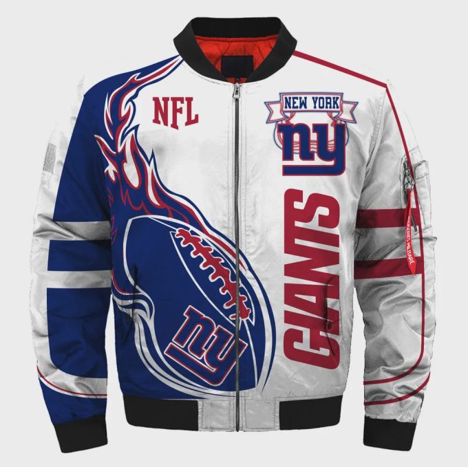 New York Giants Logo Pattern Bomber Jacket – White And Blue