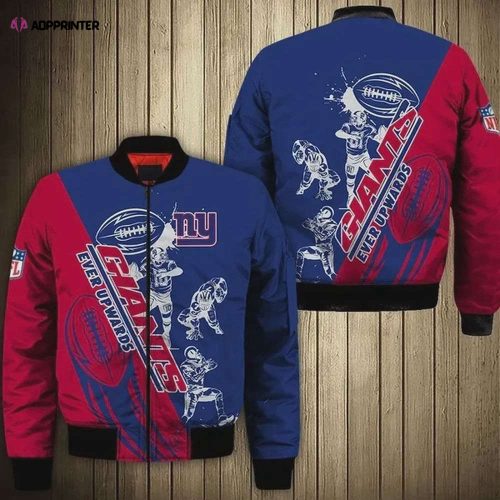 New York Giants Players Running Logo Pattern Bomber Jacket – Blue