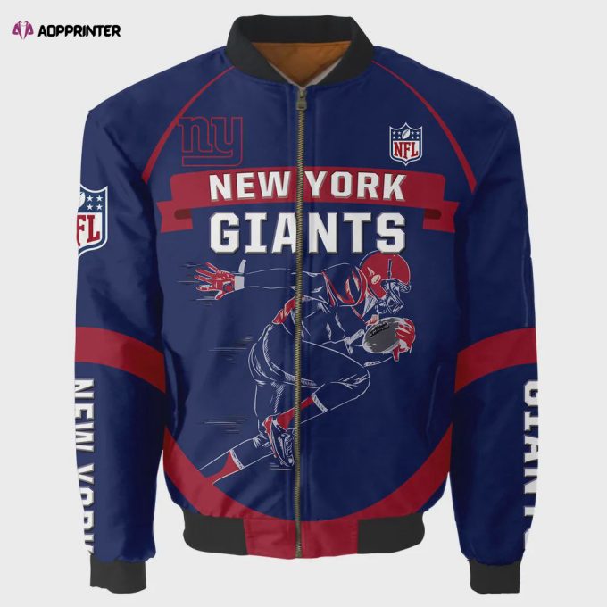 New York Giants Players Running Logo Pattern Bomber Jacket – Blue