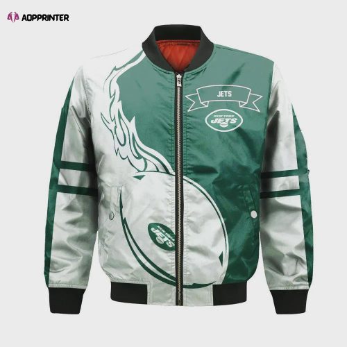 New York Jets Bomber Jacket 3D Printed Flame Ball Pattern