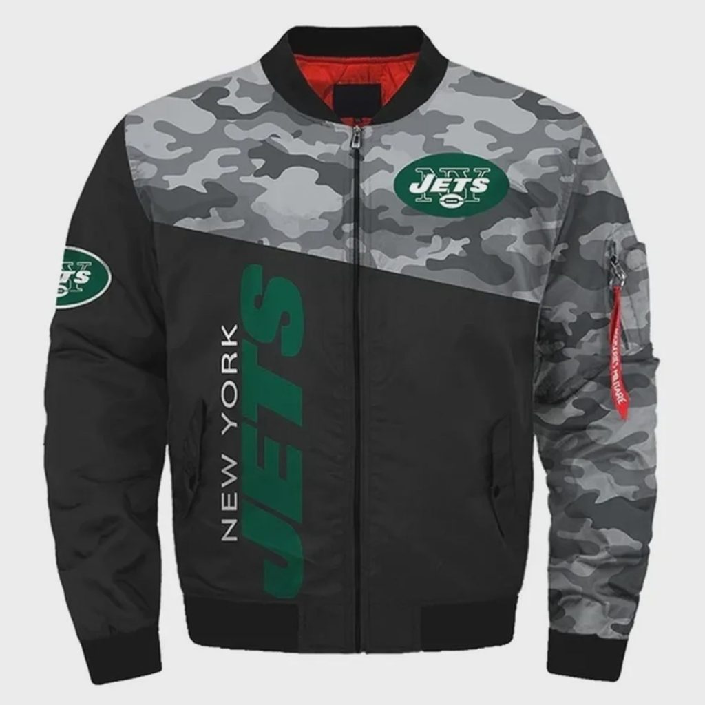 New York Jets Military Pattern Bomber Jacket – Black And Gray