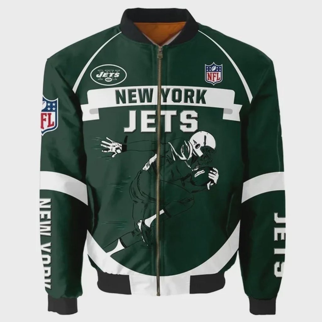 New York Jets Player Running Pattern Bomber Jacket – Dark Green