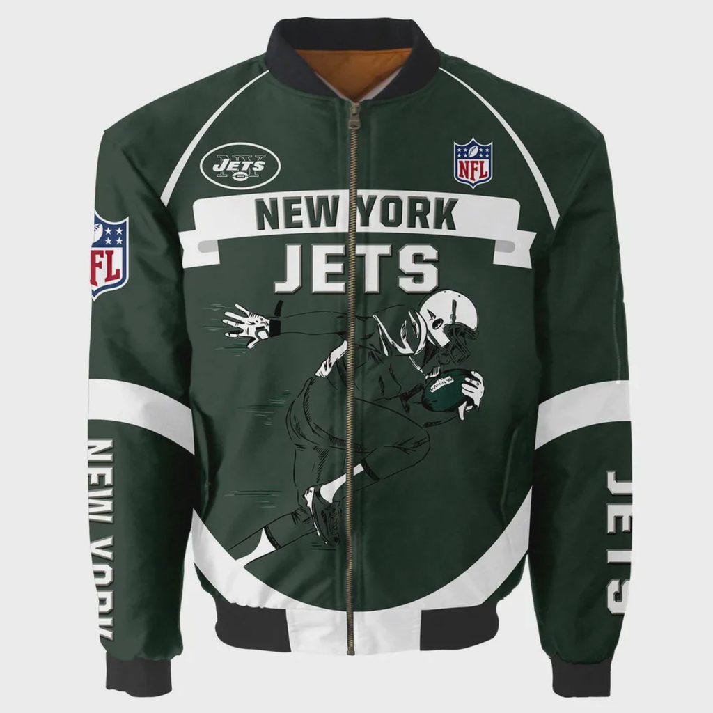 New York Jets Players Running Pattern Bomber Jacket – Dark Green