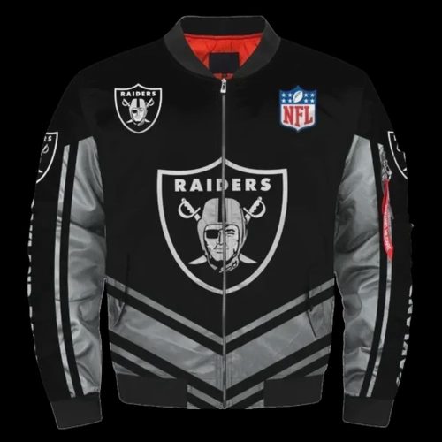 Oakland Raiders Logo Pattern Bomber Jacket – Black And Gray