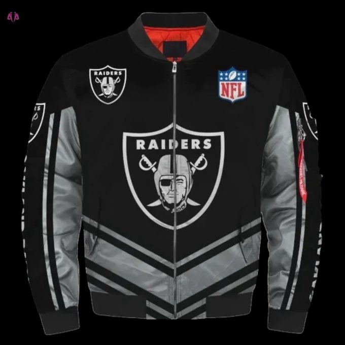 Oakland Raiders Logo Pattern Bomber Jacket – Black And Gray