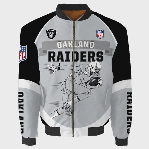 Oakland Raiders Players Running Pattern Bomber Jacket – Black And Gray